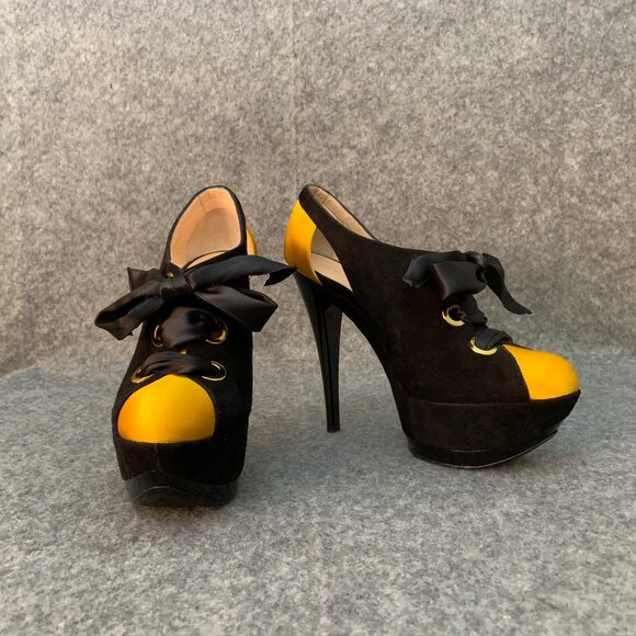 Casadei Black Yellow Suede Satin Lace Up Heels Platform Shoes - Picture 3 of 10